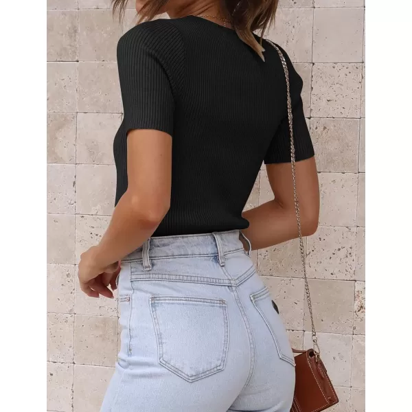 imageZESICA Womens Short Sleeve Crewneck Ribbed Knit Slim Fit T Shirt 2023 Summer Basic Solid Color Tee TopsBlack