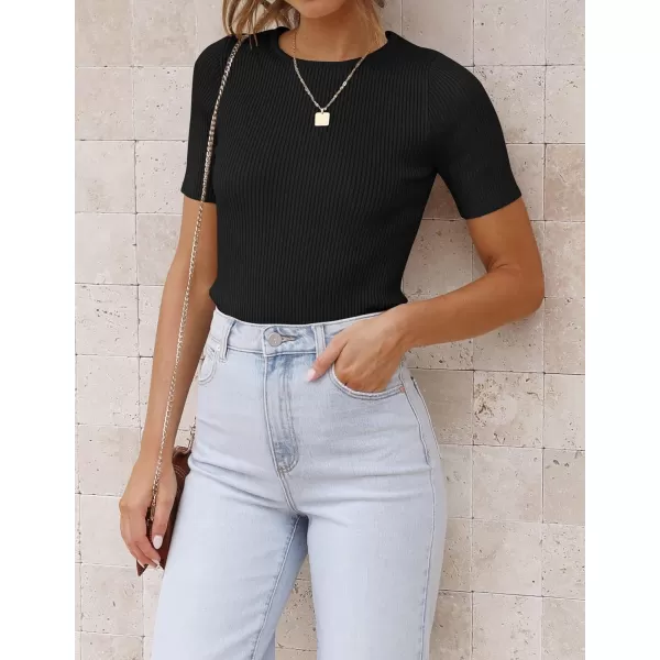 imageZESICA Womens Short Sleeve Crewneck Ribbed Knit Slim Fit T Shirt 2023 Summer Basic Solid Color Tee TopsBlack