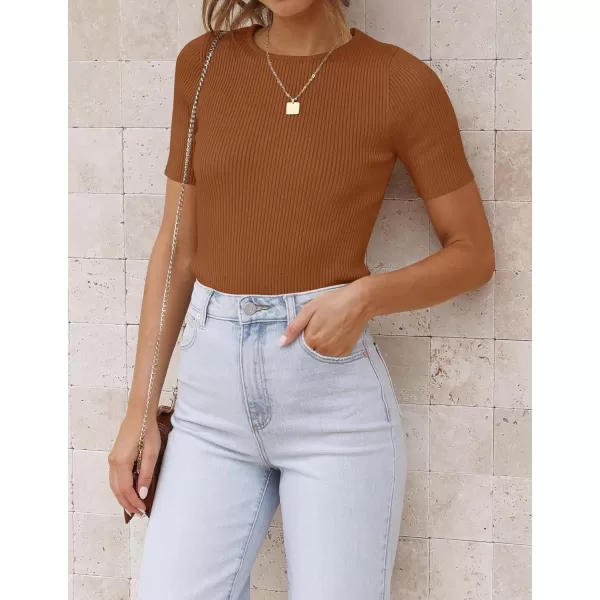 imageZESICA Womens Short Sleeve Crewneck Ribbed Knit Slim Fit T Shirt 2023 Summer Basic Solid Color Tee TopsBrown