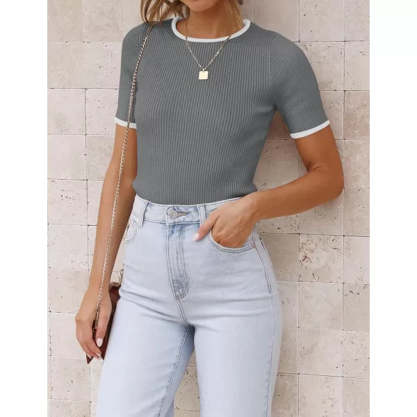 imageZESICA Womens Short Sleeve Crewneck Ribbed Knit Slim Fit T Shirt 2023 Summer Basic Solid Color Tee TopsDarkgrey