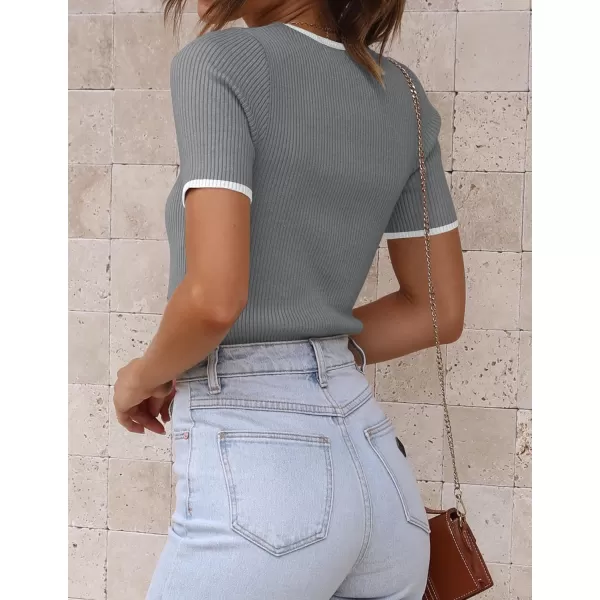 imageZESICA Womens Short Sleeve Crewneck Ribbed Knit Slim Fit T Shirt 2023 Summer Basic Solid Color Tee TopsDarkgrey