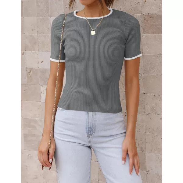 imageZESICA Womens Short Sleeve Crewneck Ribbed Knit Slim Fit T Shirt 2023 Summer Basic Solid Color Tee TopsDarkgrey