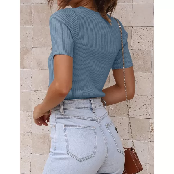 imageZESICA Womens Short Sleeve Crewneck Ribbed Knit Slim Fit T Shirt 2023 Summer Basic Solid Color Tee TopsDustyblue