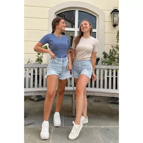 imageZESICA Womens Short Sleeve Crewneck Ribbed Knit Slim Fit T Shirt 2023 Summer Basic Solid Color Tee TopsDustyblue