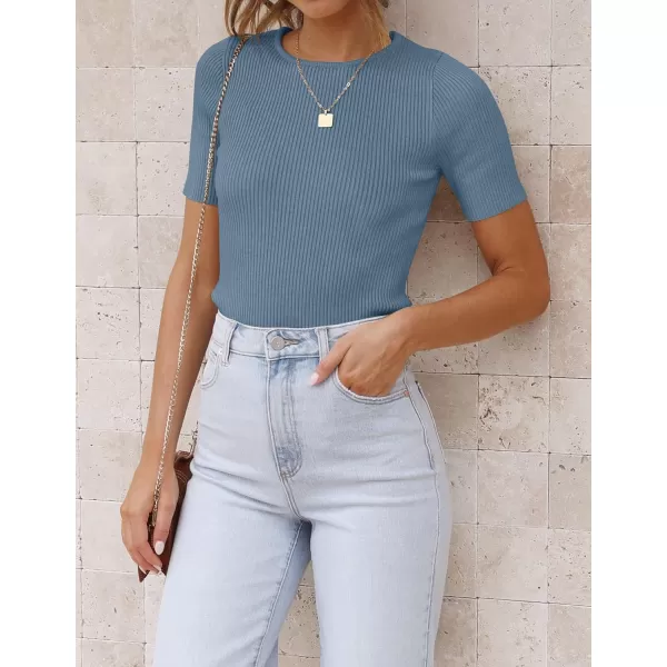 imageZESICA Womens Short Sleeve Crewneck Ribbed Knit Slim Fit T Shirt 2023 Summer Basic Solid Color Tee TopsDustyblue