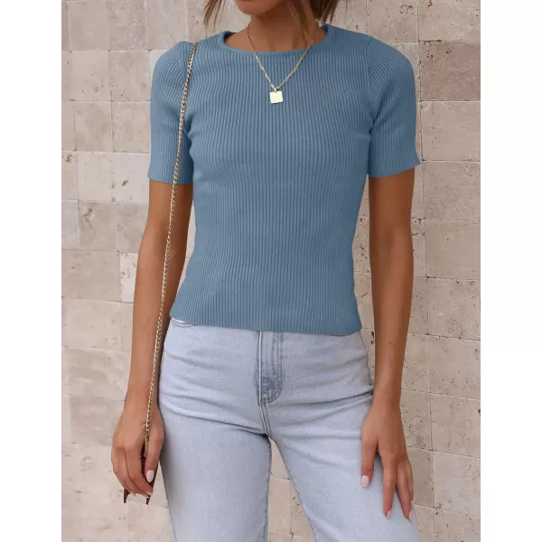 imageZESICA Womens Short Sleeve Crewneck Ribbed Knit Slim Fit T Shirt 2023 Summer Basic Solid Color Tee TopsDustyblue