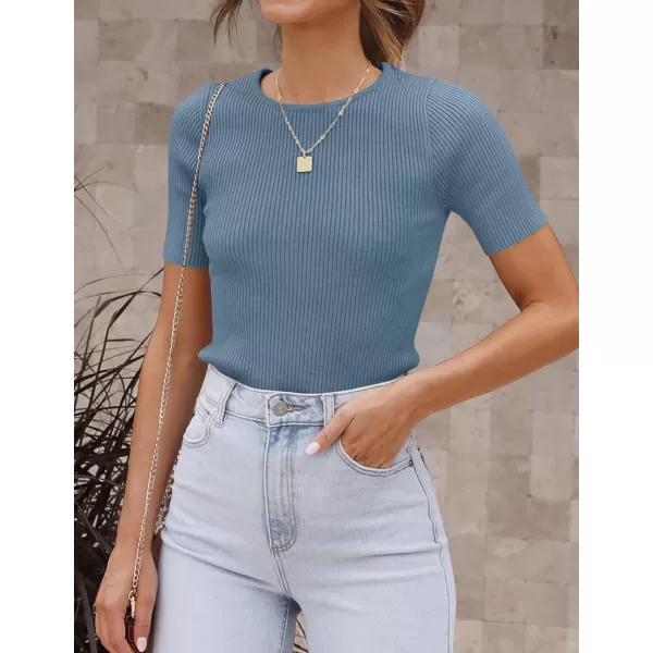 imageZESICA Womens Short Sleeve Crewneck Ribbed Knit Slim Fit T Shirt 2023 Summer Basic Solid Color Tee TopsDustyblue