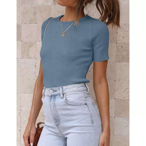imageZESICA Womens Short Sleeve Crewneck Ribbed Knit Slim Fit T Shirt 2023 Summer Basic Solid Color Tee TopsDustyblue