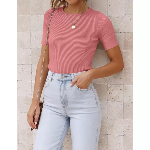 imageZESICA Womens Short Sleeve Crewneck Ribbed Knit Slim Fit T Shirt 2023 Summer Basic Solid Color Tee TopsDustypink