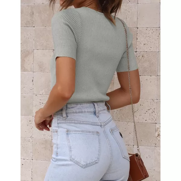 imageZESICA Womens Short Sleeve Crewneck Ribbed Knit Slim Fit T Shirt 2023 Summer Basic Solid Color Tee TopsGrey