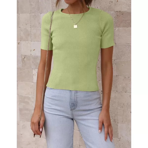 imageZESICA Womens Short Sleeve Crewneck Ribbed Knit Slim Fit T Shirt 2023 Summer Basic Solid Color Tee TopsMossgreen