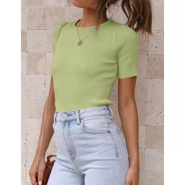imageZESICA Womens Short Sleeve Crewneck Ribbed Knit Slim Fit T Shirt 2023 Summer Basic Solid Color Tee TopsMossgreen