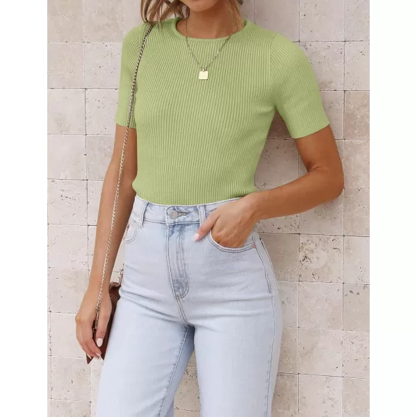 imageZESICA Womens Short Sleeve Crewneck Ribbed Knit Slim Fit T Shirt 2023 Summer Basic Solid Color Tee TopsMossgreen