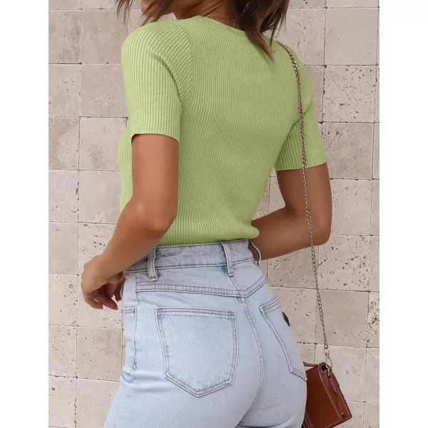 imageZESICA Womens Short Sleeve Crewneck Ribbed Knit Slim Fit T Shirt 2023 Summer Basic Solid Color Tee TopsMossgreen