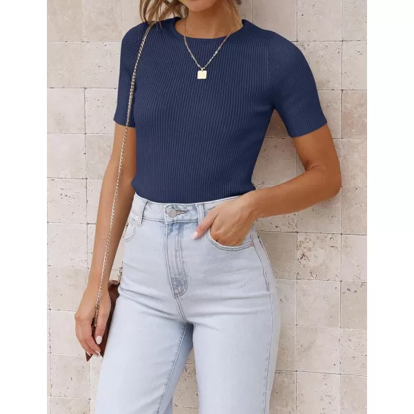 imageZESICA Womens Short Sleeve Crewneck Ribbed Knit Slim Fit T Shirt 2023 Summer Basic Solid Color Tee TopsNavy
