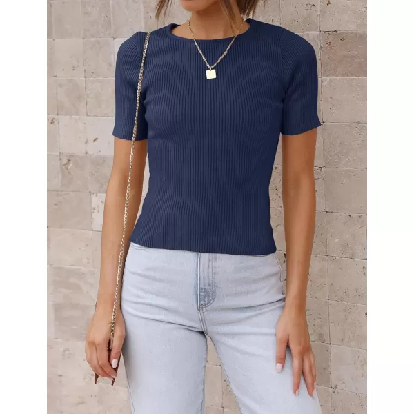 imageZESICA Womens Short Sleeve Crewneck Ribbed Knit Slim Fit T Shirt 2023 Summer Basic Solid Color Tee TopsNavy