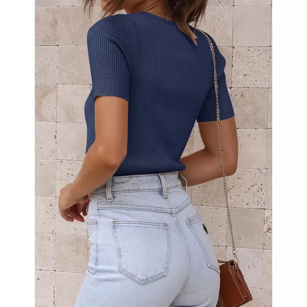 imageZESICA Womens Short Sleeve Crewneck Ribbed Knit Slim Fit T Shirt 2023 Summer Basic Solid Color Tee TopsNavy