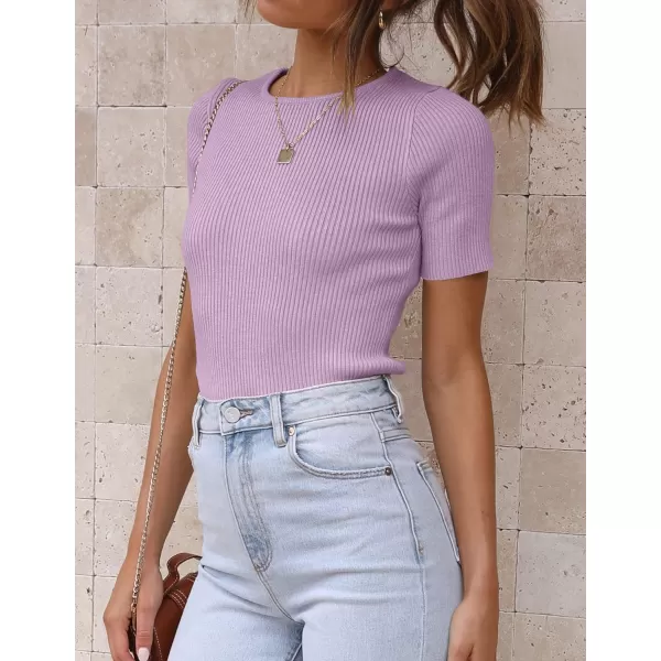 imageZESICA Womens Short Sleeve Crewneck Ribbed Knit Slim Fit T Shirt 2023 Summer Basic Solid Color Tee TopsPurple