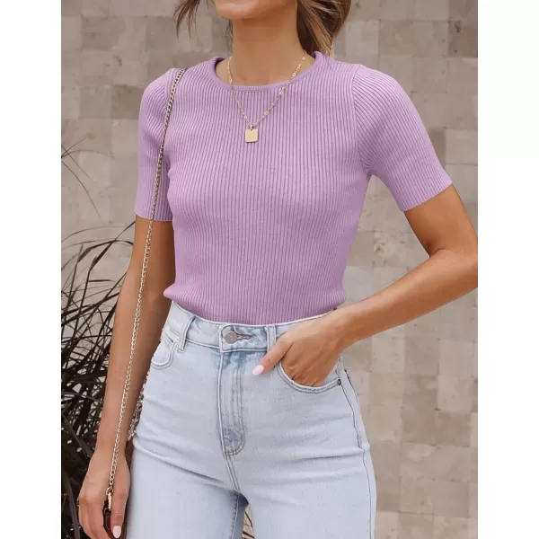 imageZESICA Womens Short Sleeve Crewneck Ribbed Knit Slim Fit T Shirt 2023 Summer Basic Solid Color Tee TopsPurple