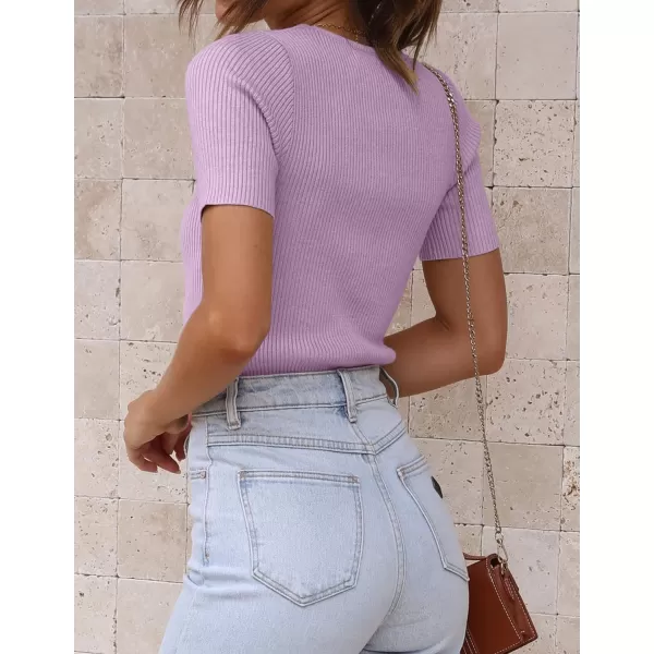 imageZESICA Womens Short Sleeve Crewneck Ribbed Knit Slim Fit T Shirt 2023 Summer Basic Solid Color Tee TopsPurple