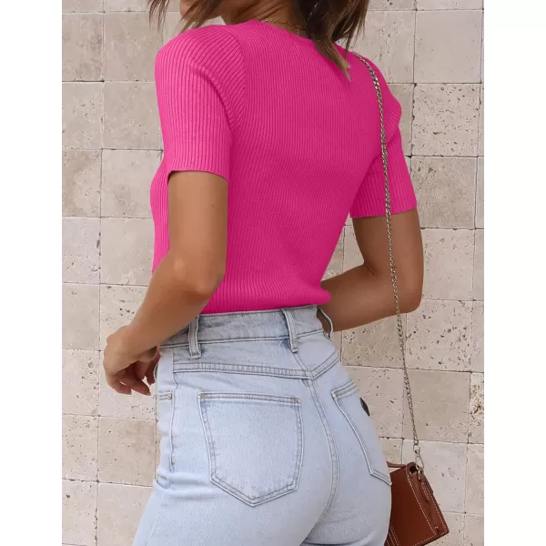 imageZESICA Womens Short Sleeve Crewneck Ribbed Knit Slim Fit T Shirt 2023 Summer Basic Solid Color Tee TopsRose