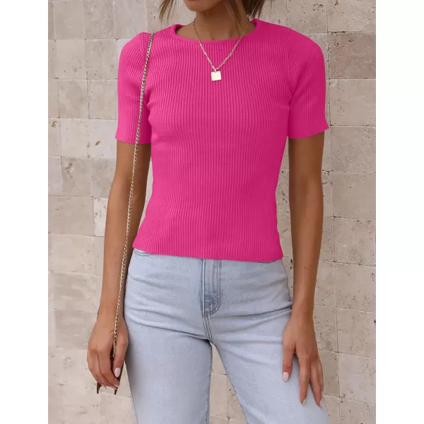 imageZESICA Womens Short Sleeve Crewneck Ribbed Knit Slim Fit T Shirt 2023 Summer Basic Solid Color Tee TopsRose