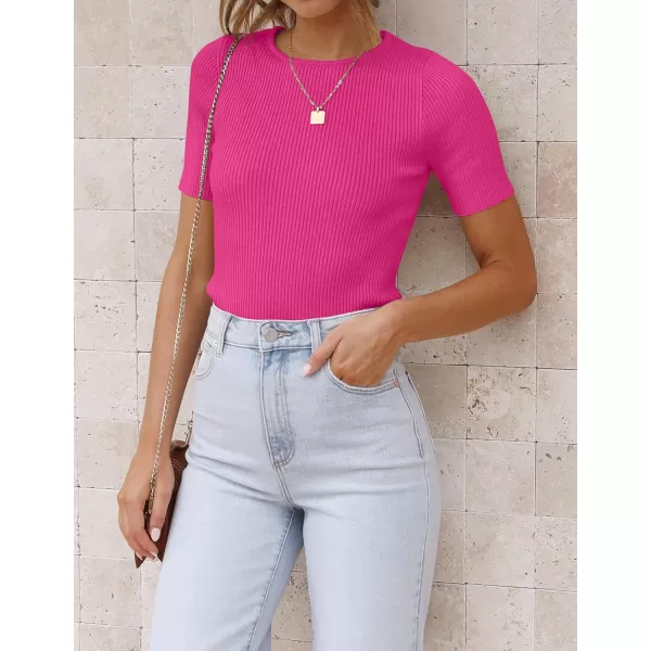 imageZESICA Womens Short Sleeve Crewneck Ribbed Knit Slim Fit T Shirt 2023 Summer Basic Solid Color Tee TopsRose
