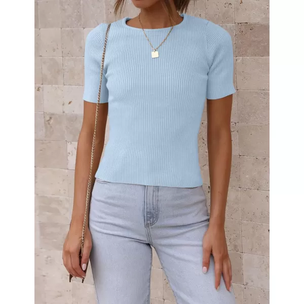 imageZESICA Womens Short Sleeve Crewneck Ribbed Knit Slim Fit T Shirt 2023 Summer Basic Solid Color Tee TopsSkyblue