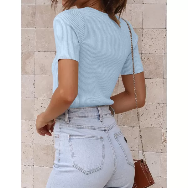 imageZESICA Womens Short Sleeve Crewneck Ribbed Knit Slim Fit T Shirt 2023 Summer Basic Solid Color Tee TopsSkyblue