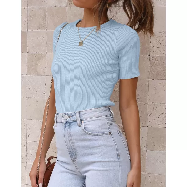 imageZESICA Womens Short Sleeve Crewneck Ribbed Knit Slim Fit T Shirt 2023 Summer Basic Solid Color Tee TopsSkyblue