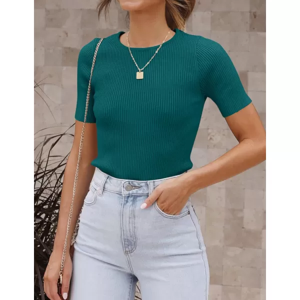 imageZESICA Womens Short Sleeve Crewneck Ribbed Knit Slim Fit T Shirt 2023 Summer Basic Solid Color Tee TopsTeal