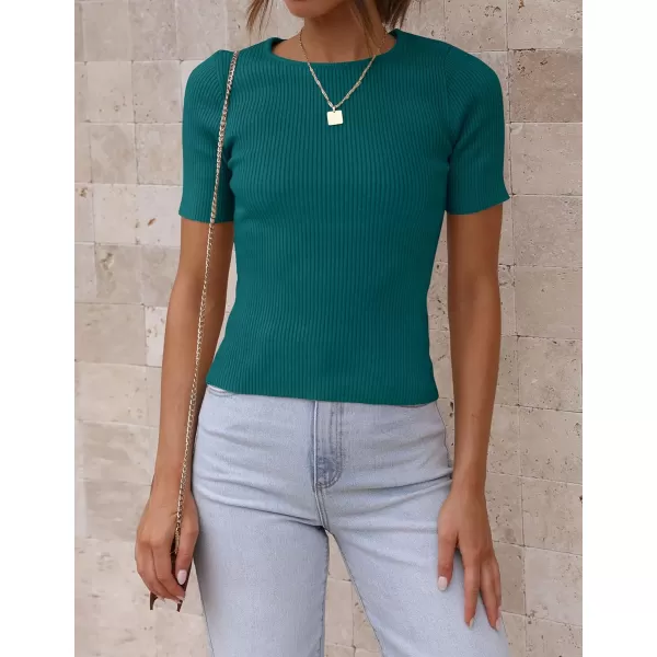 imageZESICA Womens Short Sleeve Crewneck Ribbed Knit Slim Fit T Shirt 2023 Summer Basic Solid Color Tee TopsTeal