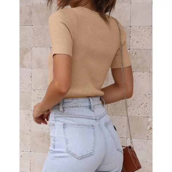 imageZESICA Womens Short Sleeve Crewneck Ribbed Knit Slim Fit T Shirt 2023 Summer Basic Solid Color Tee TopsToffee