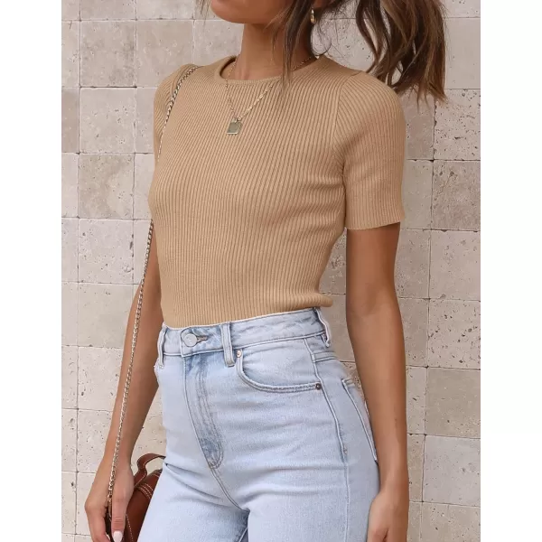 imageZESICA Womens Short Sleeve Crewneck Ribbed Knit Slim Fit T Shirt 2023 Summer Basic Solid Color Tee TopsToffee