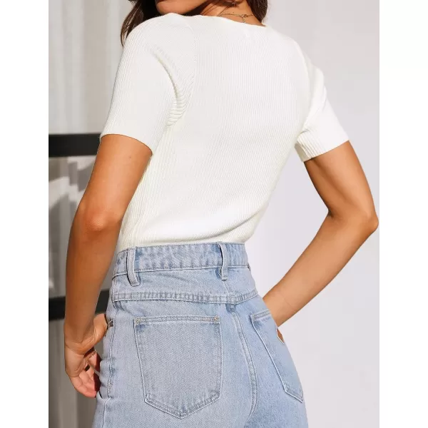 imageZESICA Womens Short Sleeve Crewneck Ribbed Knit Slim Fit T Shirt 2023 Summer Basic Solid Color Tee TopsWhite