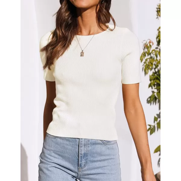 imageZESICA Womens Short Sleeve Crewneck Ribbed Knit Slim Fit T Shirt 2023 Summer Basic Solid Color Tee TopsWhite