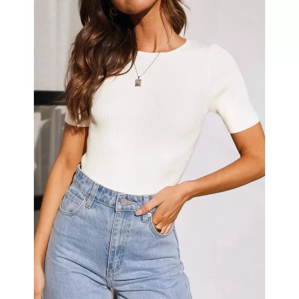 imageZESICA Womens Short Sleeve Crewneck Ribbed Knit Slim Fit T Shirt 2023 Summer Basic Solid Color Tee TopsWhite