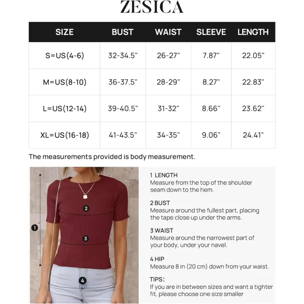 imageZESICA Womens Short Sleeve Crewneck Ribbed Knit Slim Fit T Shirt 2023 Summer Basic Solid Color Tee TopsWine