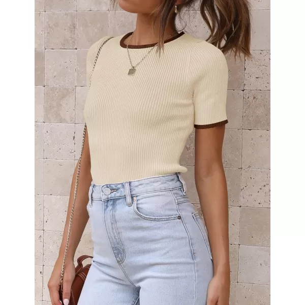 imageZESICA Womens Short Sleeve Crewneck Ribbed Knit Slim Fit T Shirt 2024 Summer Basic Casual Color Block Tee TopsApricot