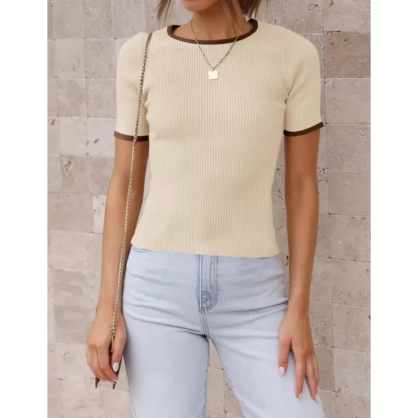 imageZESICA Womens Short Sleeve Crewneck Ribbed Knit Slim Fit T Shirt 2024 Summer Basic Casual Color Block Tee TopsApricot