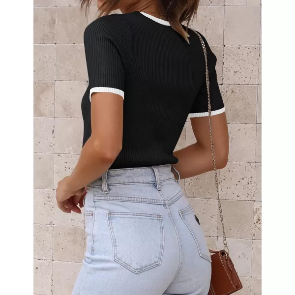 imageZESICA Womens Short Sleeve Crewneck Ribbed Knit Slim Fit T Shirt 2024 Summer Basic Casual Color Block Tee TopsBlack