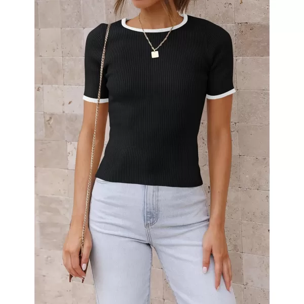 imageZESICA Womens Short Sleeve Crewneck Ribbed Knit Slim Fit T Shirt 2024 Summer Basic Casual Color Block Tee TopsBlack