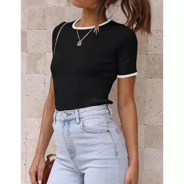 imageZESICA Womens Short Sleeve Crewneck Ribbed Knit Slim Fit T Shirt 2024 Summer Basic Casual Color Block Tee TopsBlack