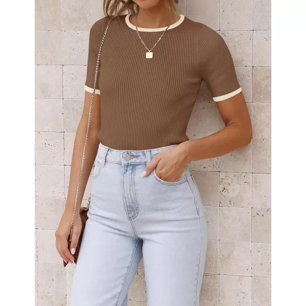 imageZESICA Womens Short Sleeve Crewneck Ribbed Knit Slim Fit T Shirt 2024 Summer Basic Casual Color Block Tee TopsBrown