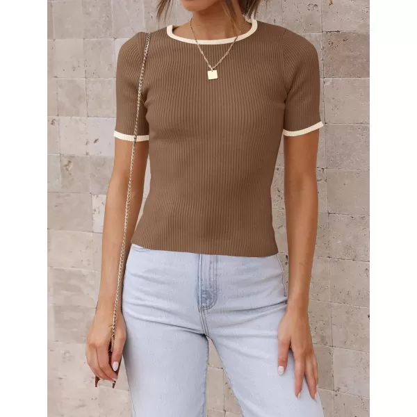 imageZESICA Womens Short Sleeve Crewneck Ribbed Knit Slim Fit T Shirt 2024 Summer Basic Casual Color Block Tee TopsBrown