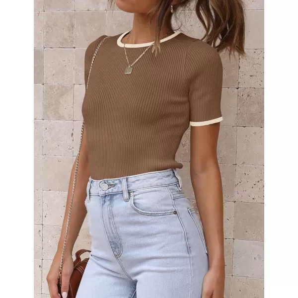 imageZESICA Womens Short Sleeve Crewneck Ribbed Knit Slim Fit T Shirt 2024 Summer Basic Casual Color Block Tee TopsBrown