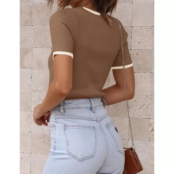 imageZESICA Womens Short Sleeve Crewneck Ribbed Knit Slim Fit T Shirt 2024 Summer Basic Casual Color Block Tee TopsBrown