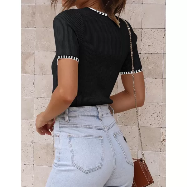 imageZESICA Womens Short Sleeve Crewneck Ribbed Knit Slim Fit T Shirt 2024 Summer Basic Casual Color Block Tee TopsDim