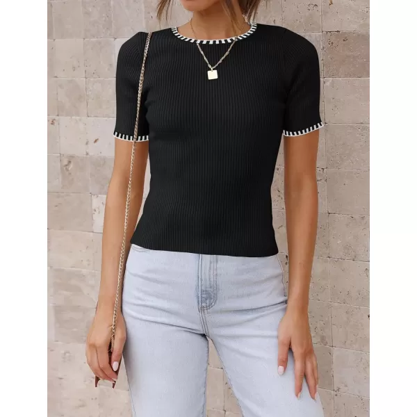 imageZESICA Womens Short Sleeve Crewneck Ribbed Knit Slim Fit T Shirt 2024 Summer Basic Casual Color Block Tee TopsDim