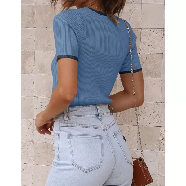 imageZESICA Womens Short Sleeve Crewneck Ribbed Knit Slim Fit T Shirt 2024 Summer Basic Casual Color Block Tee TopsDustyblue